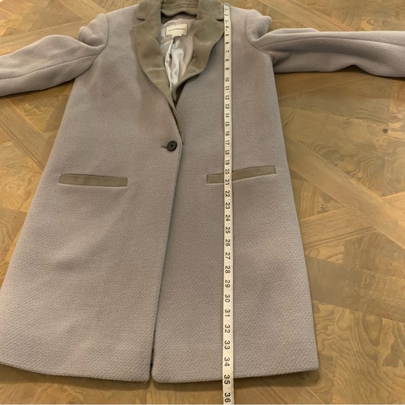 Club Monaco Gray Wool & Leather Long Coat Women's Small Lined Pockets Classic - Picture 16 of 16